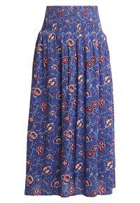 Langer blauer Rock mit einem gesmockten Bund, der ein florales Muster in Rot und Weiß aufweist, mit Falten für zusätzliche Struktur und Bewegung.