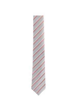 Cravate avec des rayures diagonales roses et blanches et un motif texturé sur les parties blanches sur un fond blanc uni.