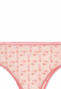 Rosa spetsbikini med blommönster som har delikata vita blommor och ormbunksdesign, kantad med ett enfärgat rosa midjeband.