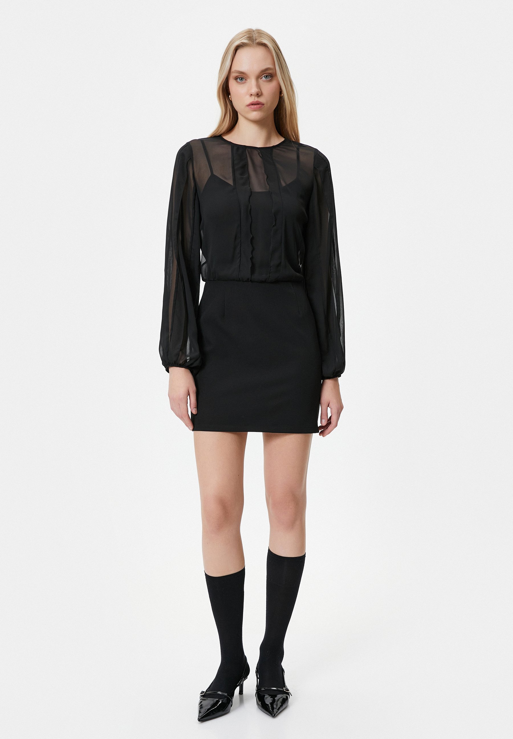 New Look Petite mixed print puff sleeve long sleeve milkmaid mini dress in black