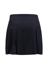 Gonna corta nera realizzata in tessuto morbido ed elastico. Presenta una vita larga, design plissé e una texture liscia. Stile leggero e casual.