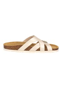 Sandalo scivoloso beige con design a fascetta incrociata, soletta in sughero testurizzato e suola in gomma bianca. Presenta un piccolo accento metallico sulla fascetta.