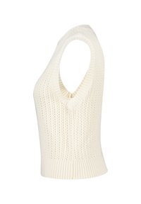 White sleeveless knit top featuring a V-neck, ribbed hem, and open weave texture with vertical stripes.