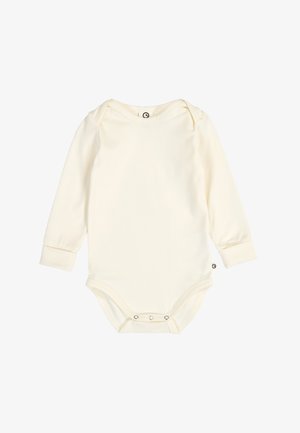 Body per neonati a maniche lunghe color crema con scollo a busta e bottoni a pressione all'incavo per un facile cambio del pannolino.