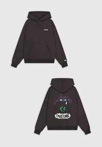 Felpa nera con cappuccio e tasca frontale, presenta una grafica di un occhio sul fronte e un testo colorato "L'AMORE CRESCE QUI" e "PRENDITI CURA" sul retro.