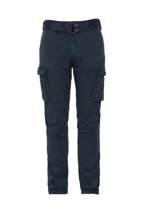 Pantalones cargo de marina hechos de tejido duradero, con cintura con cinturón, múltiples bolsillos laterales y piernas ajustadas con rodillas reforzadas.