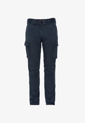 Marine cargobukser lavet af holdbart stof, med bælte, flere sidelommer og tapered ben med forstærkede knæ.