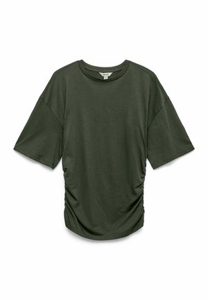 Donkergroen T-shirt met korte mouwen, gemaakt van zachte stof, met geplooide details aan de zijkant en een ronde halslijn. Gladde textuur, comfortabele pasvorm.