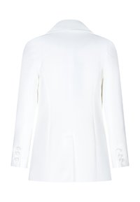 Blazer bianco con colletto a rever, spacco singolo e maniche lunghe con tre bottoni rotondi ai polsini. Tessuto di trama liscia.