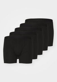 Schwarze Baumwollboxershorts mit enganliegendem Schnitt, elastischem Bund und nahtlosem Design, präsentiert im Fünferpack.