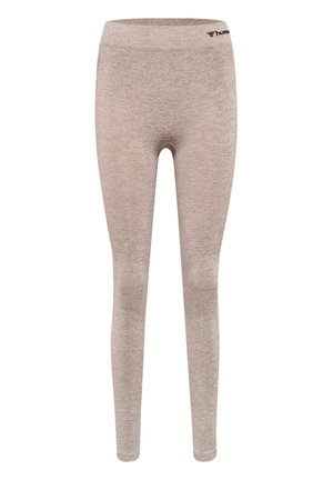 Ljusbruna leggings i texturerat tyg, med en figurnära design och en bred midjeband med en logotyp i övre vänstra hörnet.