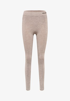 Ljusbruna leggings i texturerat tyg, med en figurnära design och en bred midjeband med en logotyp i övre vänstra hörnet.
