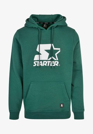 Tume roheline kapuutsiga dressipluus, mis on valmistatud puuvilla segust, suur valge "STARTER" logo koos tähtega, ees olev kengurtasku ja soonitud varrukad.