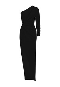 Czarna sukienka na jedno ramię wykonana z elastycznego materiału, z twistem w talii i długim marszczonym rękawem. Gładka tekstura i dopasowany krój.