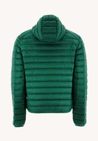 Groene pufferjack met horizontaal gestikte secties, een aanhaalmuts en elastische manchetten. Glad textuur, lichtgewicht en thermische isolatie.