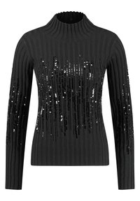 Pull noir côtelé avec un col montant, présentant des lignes verticales de sequins noirs pour la texture et le détail. Manches longues complètent le design.