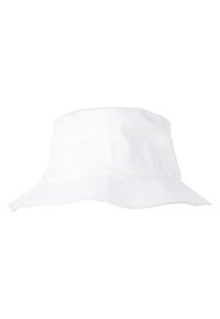 White cotton bucket hat with a rounded crown and wide, downward-sloping brim. Features a smooth texture and no visible patterns or accents.