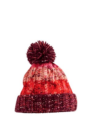 Knit winter hat with folded brim and pom-pom, featuring red, pink, and burgundy variegated yarn in a cable-knit pattern.