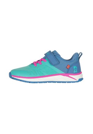 Child’s turquoise and blue sneaker with pink laces, Velcro strap, white sole, and small Norwegian flag on the side.