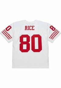 Weißes Sporttrikot mit roter Nummer 80 und dem Namen "RICE" auf dem Rücken, rote Nummer 80 und Streifen an beiden Ärmeln.