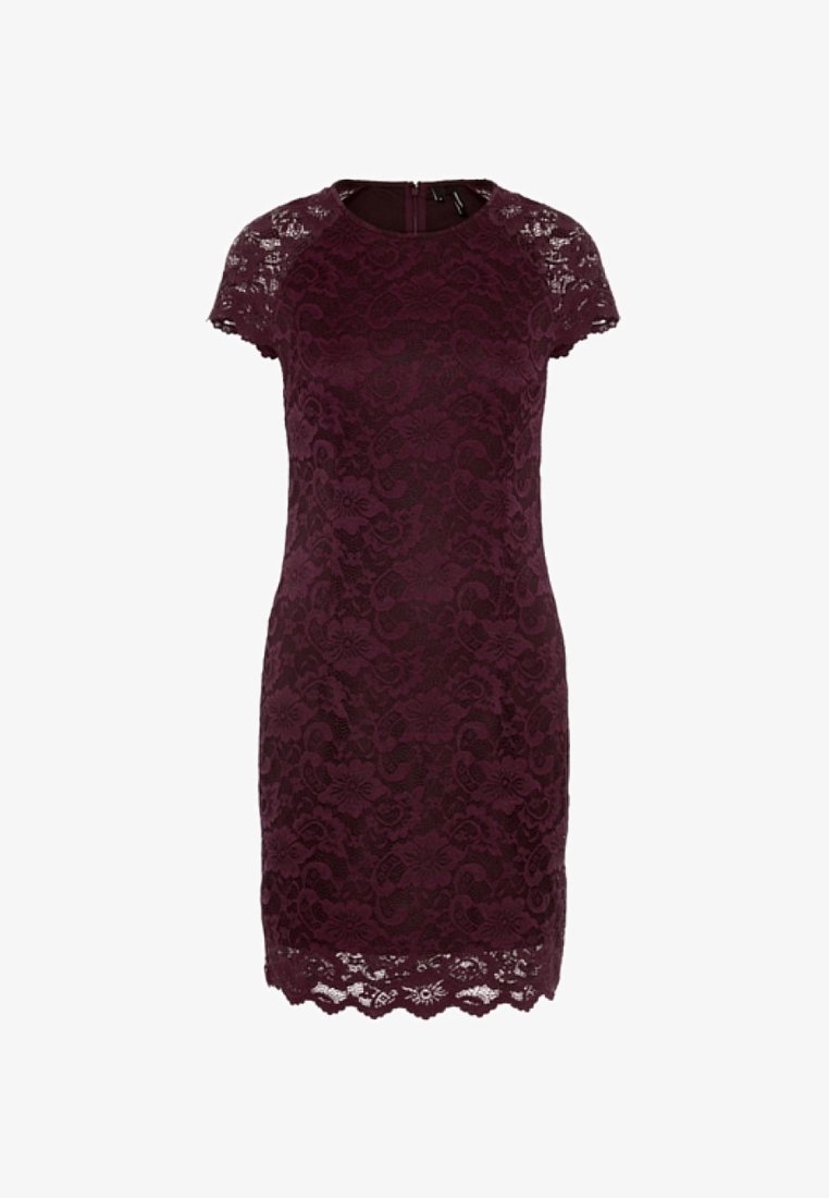 Robe courte en dentelle bordeaux avec manches courtes, motif floral en dentelle et ourlet festonné.
