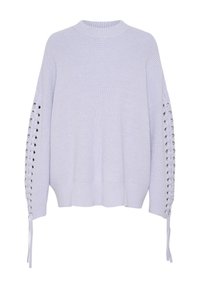 Helle graue Strickpullover mit rundem Halsausschnitt, überschnittenen Schultern und Schnürdetails an den Ärmeln. Rippbündchen und strukturierter Stoff.