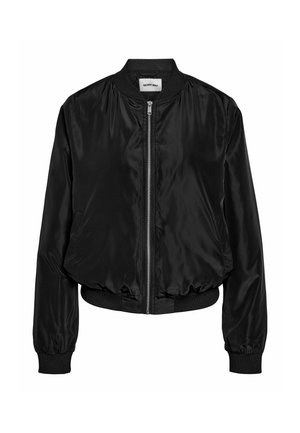Svart lett bomberjakke med glidelås foran, ribbekrage, mansjetter og kant, samt to sidelommer.