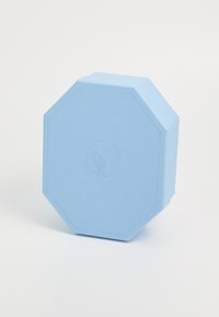 Octagonal light blue object with a textured surface and embossed logo. Made from a durable material, suitable for various uses.
