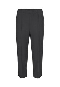 Grijze tapered broek met een elastische tailleband, voorzien van verticale naaddetails en enkelinsneden, gemaakt van gestructureerde stof.