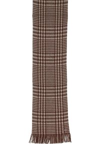 Ruskea ja kerma valkoinen ruudullinen huivi, jossa on tupsureunat, valmistettu pehmeästä kankaasta, ja jonka koko kuvio on koiranhampailta näyttävä kuosi.