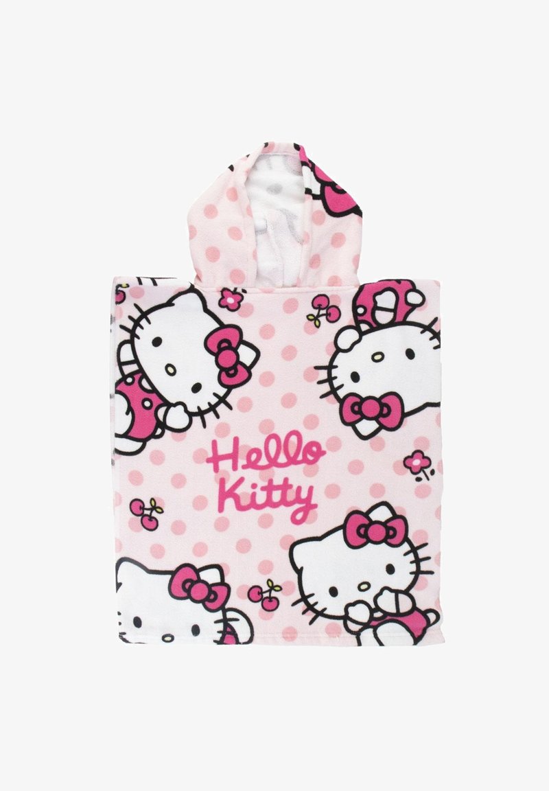 Toalla capucha de Hello Kitty hecha de suave forro polar rosa con un patrón de lunares, que presenta gatos ilustrados, lazos y el texto "Hello Kitty."