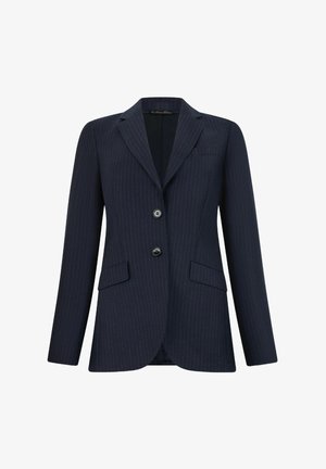 Marineblauwe pinstripe blazer, enkelvoudig met drie knopen, metgeknoopte revers, twee voorklauwen, gladde stof en getailleerde pasvorm.