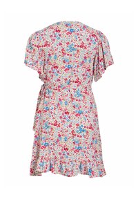 Robe portefeuille courte fleurie avec des fleurs rouges, bleues et roses, manches flutter et ourlet à volants, vue de dos.