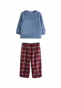 Langärmliges Fleece-Oberteil in Hellblau mit gerippten Bündchen, kombiniert mit roten, karierten Flanell-Pyjama-Hosen. Weicher Stoff und elastischer Bund.