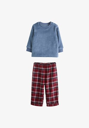 Šviesiai mėlynas plonas ilgomis rankovėmis marškinėliai su juostelėmis ant rankovių, derinama su raudonomis ir žakardo languotomis pižamomis. Minkšta tekstūra ir elastinga juosmens juosta.