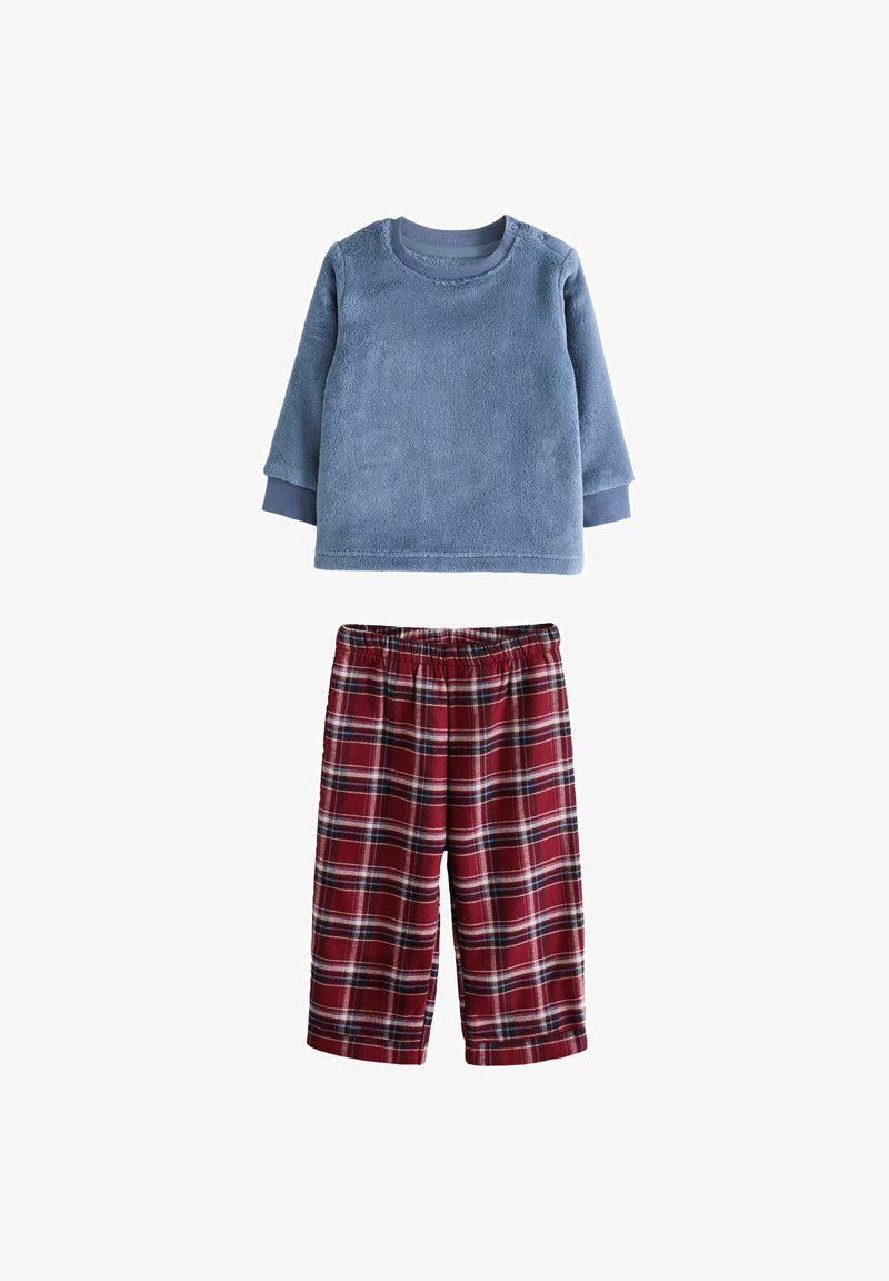Langärmliges Fleece-Oberteil in Hellblau mit gerippten Bündchen, kombiniert mit roten, karierten Flanell-Pyjama-Hosen. Weicher Stoff und elastischer Bund.
