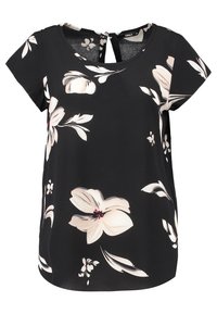 Blusa negra de manga corta con un gran patrón floral blanco y acentos rosas, que presenta un detalle en forma de llave en la parte posterior y una textura de tejido suave.