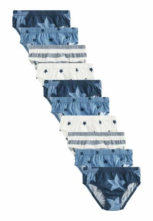 Ensemble de slips pour garçons dans différentes nuances de bleu et de blanc, avec des motifs d'étoiles et des rayures, dotés de ceintures élastiques pour plus de confort.