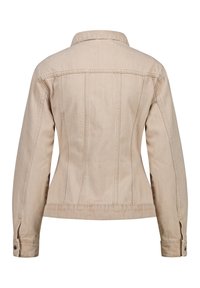 Beige jeansjacka med en strukturerad passform, med viks ned krage, långa ärmar och sömdetaljer bak.