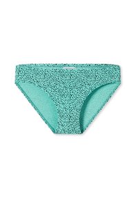Mintgrüner Bikini-Unterteil mit einem schwarz gesprenkelten Muster, aus weichem Stoff, mittelhoher Taille und nahtlosen Kanten.