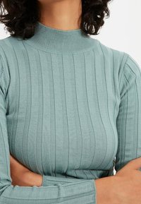 Jasnozielony, prążkowany sweter z wysokim dekoltem i dopasowanymi rękawami, z pionowymi liniami dla tekstury i gładkim wykończeniem.