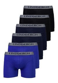 Men's boxer briefs in a pack of five, featuring black, navy, and royal blue colors, with gray elastic waistband labeled "Lindbergh."