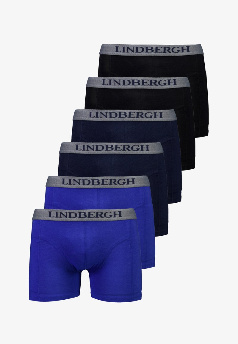 Mutande boxer da uomo in confezione da cinque, disponibili nei colori nero, blu navy e blu royal, con elastico grigio in vita contrassegnato "Lindbergh."