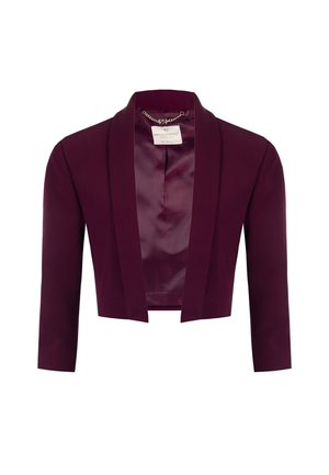 Blazer accorciato in tessuto bordeaux scuro con finitura liscia, caratterizzato da un interno in raso e un colletto sciallato. Senza chiusure, design sartoriale.