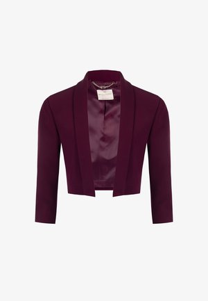 Blazer court en tissu bordeaux profond avec une finition lisse, doté d'un intérieur en satin et d'un col châle. Sans fermetures, conception ajustée.