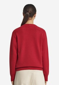 Roter Strickpullover mit gerippten Bündchen und Saum. Einfaches Design, mittlere Dicke, weiche Textur und sichtbares Detail am Nacken hinten.