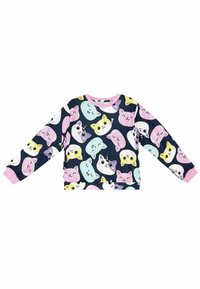 Bunt gemusterter Sweatshirt mit navy Hintergrund und verschiedenen Katzenköpfen in Pink, Gelb und Mint. Lange Ärmel, runder Ausschnitt, weicher Stoff.