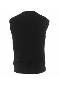 Sort ærmeløs sweater i blødt stof med rund halsudskæring og tætsiddende talje, med en glat overflade og minimalistisk design.