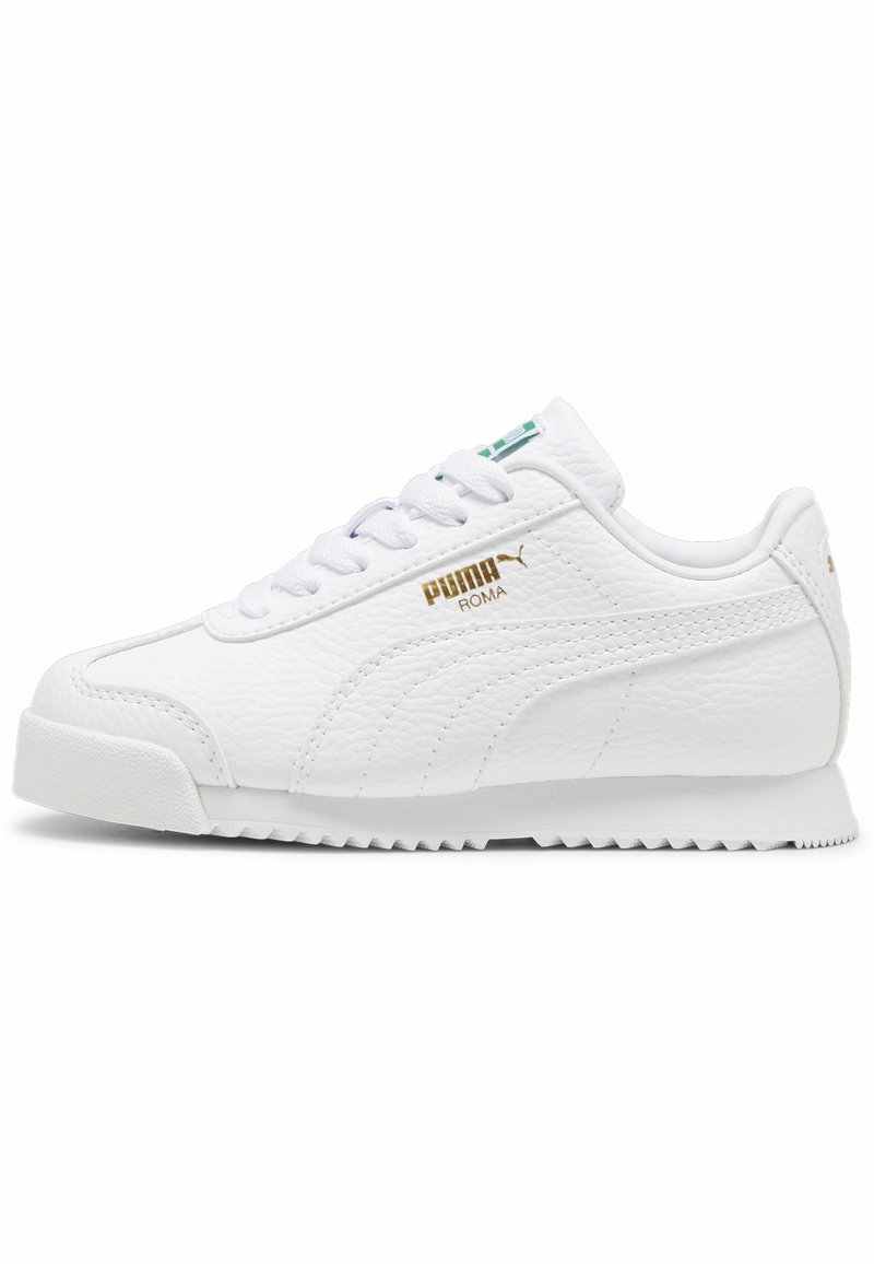 Baskets blanches Puma Roma en cuir texturé, logo doré sur le côté, lacets blancs et semelle rainurée vues de l'intérieur.