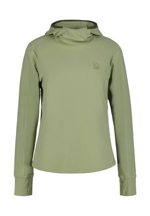 Sweat à capuche manches longues vert clair avec trous pour les pouces et petit logo montagne sur la poitrine gauche, conçu pour une utilisation en extérieur.